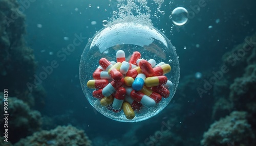 Capsules float in ocean bubble. Medicine pollutes sea water with coral reef background. Drugs contaminate aquatic ecosystem danger, health crisis.