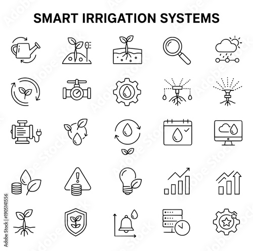Professional smart irrigation and soil pH analytics icon set. Features automated watering systems, sensor technology, water conservation, and agricultural data tracking in outline vector.