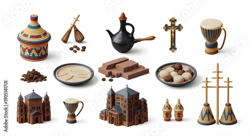 Collection of Ethiopian cultural symbols, including coffee ceremony items, religious artifacts, and traditional musical instruments