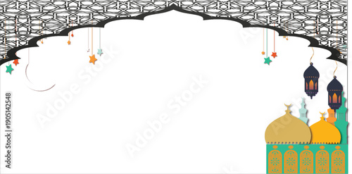 Ramadan Mubarak Ornamental Islamic Arch Pattern Background With Arabic Style Lanterns.eps10