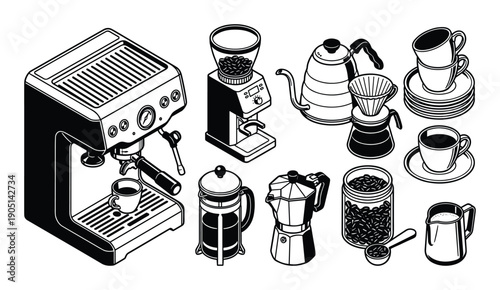 Coffee brewing equipment collection, espresso machine, grinder, kettle, french press, Moka pot, coffee beans, cups