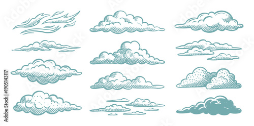 Collection of various hand-drawn clouds sketch illustrations, isolated vector drawing, with cross-hatching shading