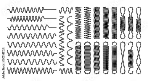 Collection of various spring vector illustrations, different shapes and tensions, black outline design for industrial use
