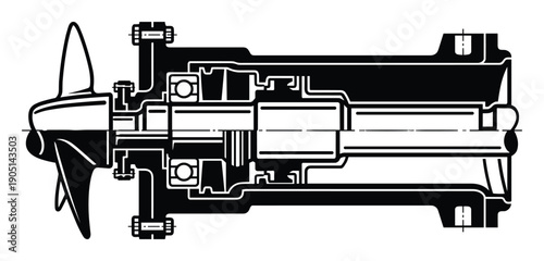 Cutaway view of a ship propeller and its drive mechanism with bearings and shaft detailed illustration