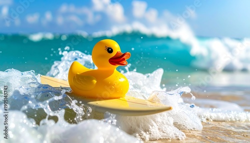 A vibrant yellow rubber waterfowl toy rides a surfboard through frothy ocean waves on a sunny beach, a whimsical scene