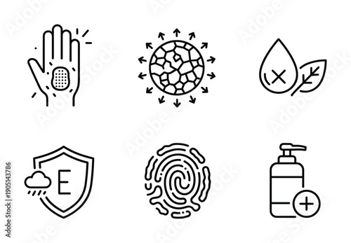 Dermatology Icons Set Hand, Skin Disease, Water Drop, Sun, Shield, Fingerprint, Lotion and Plus Sign icons