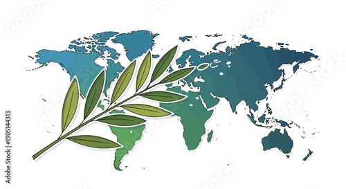 A symbolic illustration of a green olive branch overlaid on a teal and green world map, conveying peace and unity on a white background with a culture of peace and harmony.