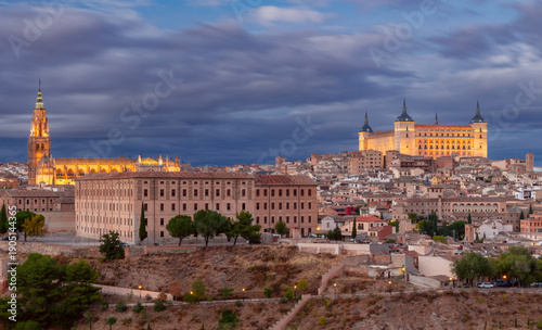 Evening View of Toledo with Illuminated Alcazar and Cathedral at Sunset