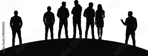Black silhouette group of people standing on a hill representing teamwork friendship community leadership and unity for social connection background design