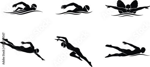 Black silhouette swimmer set with athletes performing butterfly stroke freestyle crawl diving and swimming underwater for water sports and aquatic fitness design