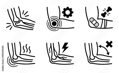 Elbow injury line art vector icons set, bone fracture, dislocation, pain, inflammation, and joint problems illustrations