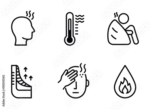 Fever symptoms signs set with high temperature, chills and headache. Healthcare and medicine vector illustration
