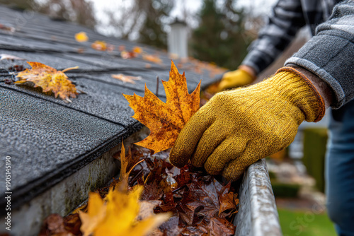 Cleaning a gutter. A man clears fallen autumn leaves from a gutter under a house's roof. Maintaining rainwater gutters on a private home.