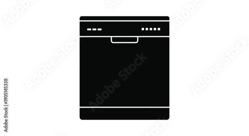 A stark black and white silhouette depicts a modern dishwasher appliance showcasing its rectangular form and control panel