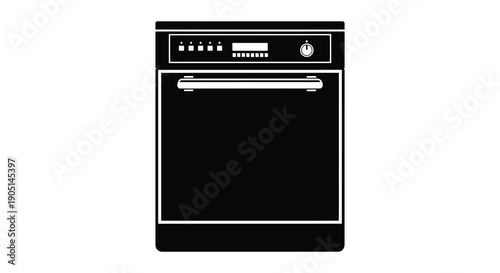 A stark black and white illustration depicts a modern kitchen appliance specifically a closed dishwasher with minimal detail