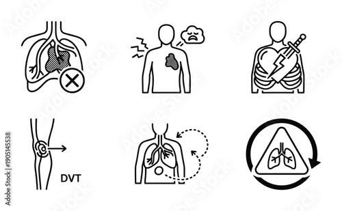 Medical illustrations of various cardiovascular conditions including heart attack, angina, DVT, and arrhythmia