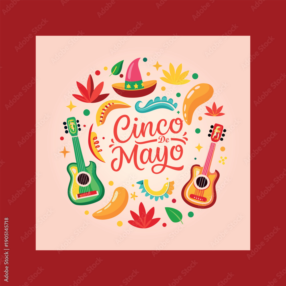 Fototapeta premium A vibrant illustration celebrating cinco de mayo with traditional mexican musical instruments and cultural symbols arranged in a circular design