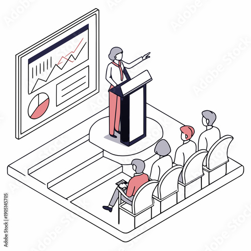 A diverse group of people attending a conference with a speaker at the podium.