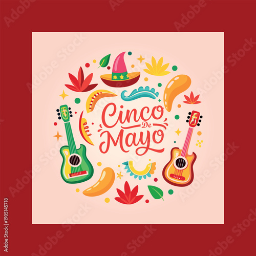 A vibrant illustration celebrating cinco de mayo with traditional mexican musical instruments and cultural symbols arranged in a circular design