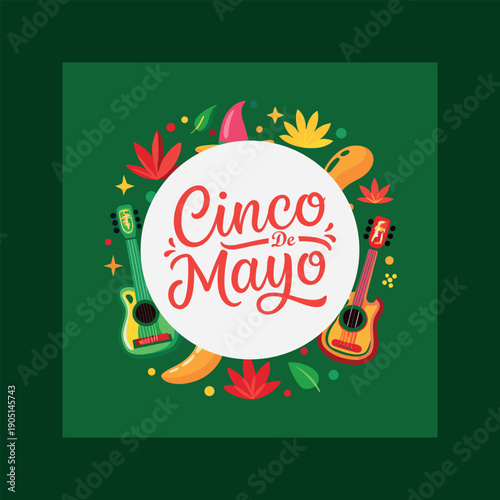 Festive cinco de mayo celebration with traditional mexican elements and musical instruments on a vibrant green background