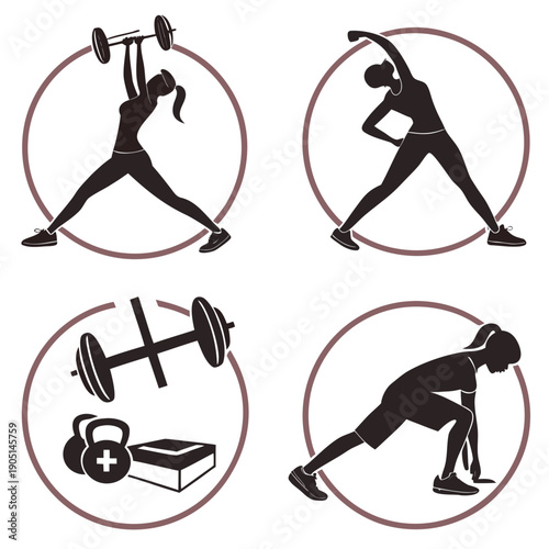 Four distinct exercises demonstrated through simple illustrations in a circular layout.