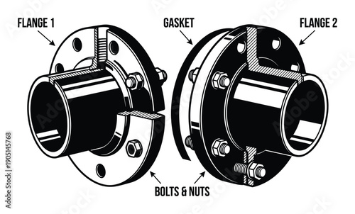 Flange coupling diagram with gasket, bolts, nuts, flange 1 and flange 2, engineering design, vector illustration.