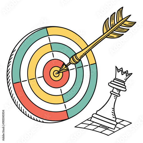 An arrow with a crown tip piercing a multicolored target on a stand