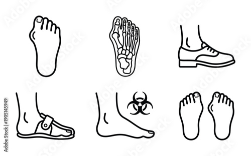 Foot health and medical icons illustration set with foot bones, shoe, sandals, and a biohazard symbol. Line art vector