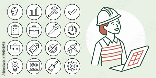 A woman wearing a hard hat and headphones is working on a laptop with icons surrounding her