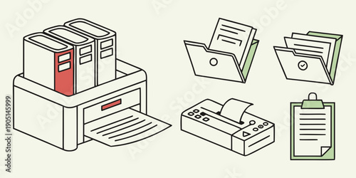A detailed illustration of various office printers and their functions.