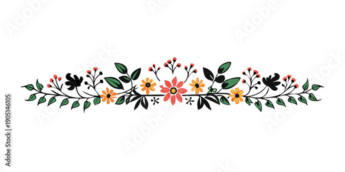A vibrant floral garland with a variety of colorful flowers and lush green leaves.