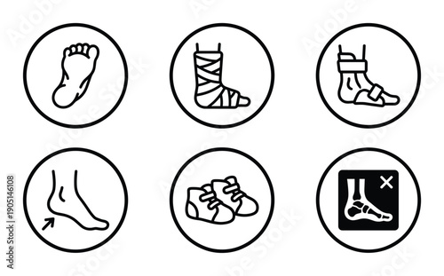 Foot injury icons set. Ankle sprain, cast, plantar fasciitis, shoes, broken bones, x-ray medical symbols vector