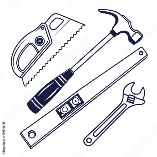 A collection of various tools including a hammer, wrench, saw, and measuring tape.