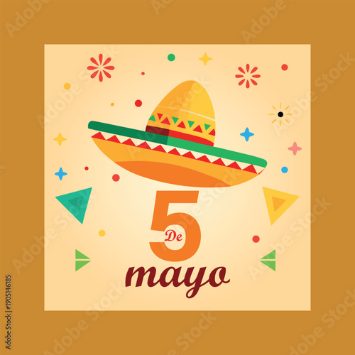 A vibrant illustration celebrating cinco de mayo with a colorful sombrero and festive confetti on a light background
