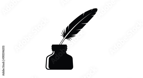 A striking black silhouette depicts a classic inkwell with a feathered quill suggesting writing and artistry high quality
