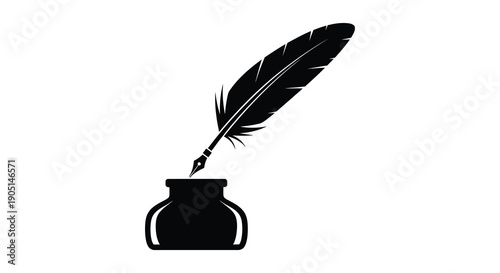 A striking black and white illustration depicts a classic quill pen resting in an inkwell symbolizing writing high quality professional