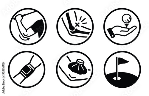 Golf elbow treatment icons set vector graphic showing pain, ice pack, brace, arm exercise, golf ball and putting green.