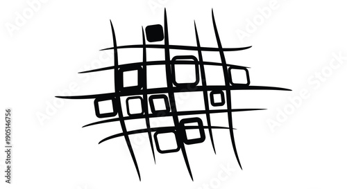 A minimalist black and white abstract design featuring intersecting lines and various sized square and rectangular shapes