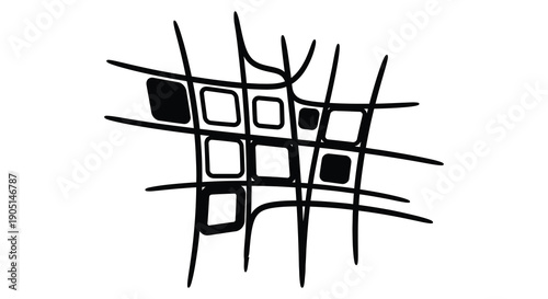 A minimalist black and white abstract illustration features intersecting lines and geometric shapes including squares and rectangles high quality professional