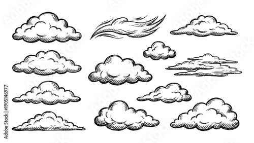 Hand Drawn Cloud Sketch Collection, Vintage Sky, Ink Style Clipart, Doodle Clouds, Weather Elements