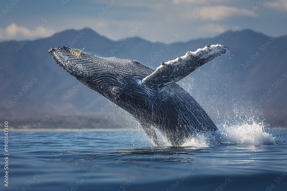 Obraz premium Humpback whale breaching ocean surface with splash and mountain background under cloudy sky, showing powerful marine mammal in natural habitat with dynamic water movement