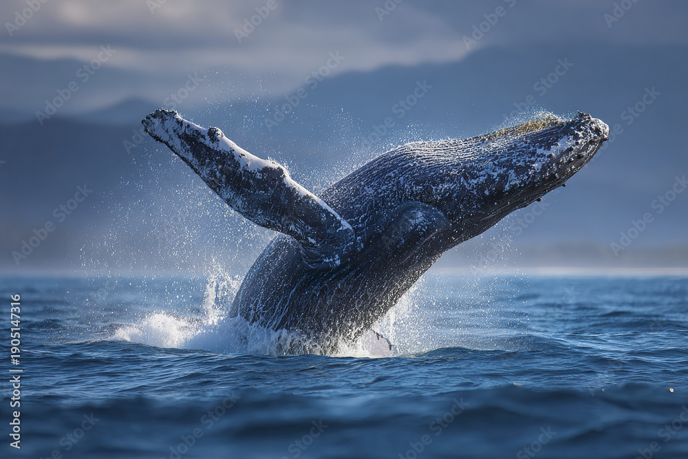 Obraz premium Humpback whale breaches ocean surface with water splashing around its body under cloudy sky, showcasing power and grace of marine life in natural seascape