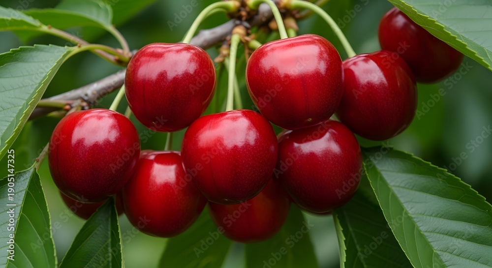 Obraz premium A cluster of glossy, deep red cherries ripening on a branch with vibrant green leaves. A perfect representation of summer harvest and natural sweetness.