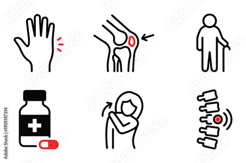 Hand, knee, spine, shoulder, and back pain symptoms icons, old man with cane, and pill bottle. Medical pain icon set
