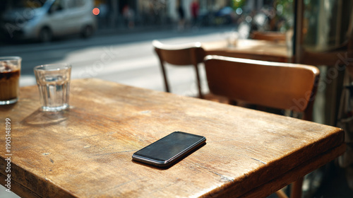 Plakat カフェのテーブルの上にあるスマートフォン