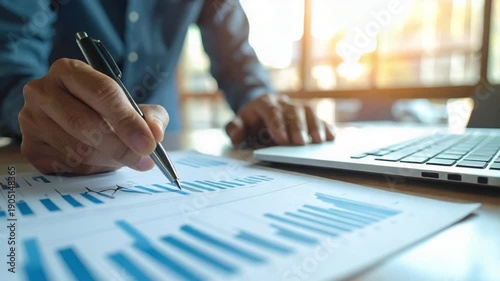 Businessman analyzing financial data and charts on paper with laptop
