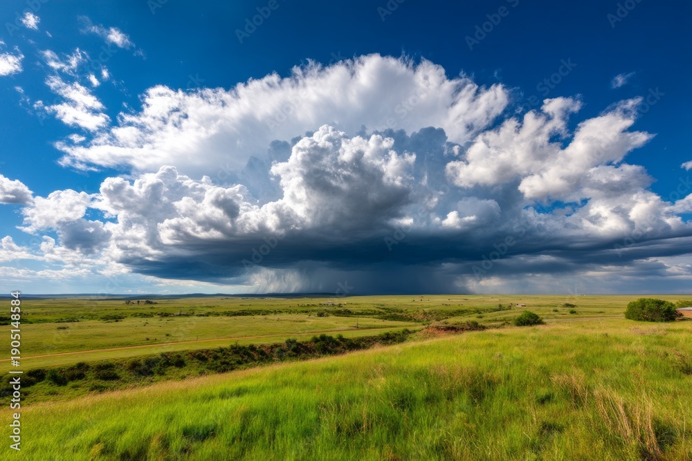 Fototapeta premium Dramatic Supercell Storm Over Vast Open Plains Under Bright Blue Sky