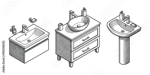 Isometric bathroom sink designs. Three different types of bathroom sinks and vanities.