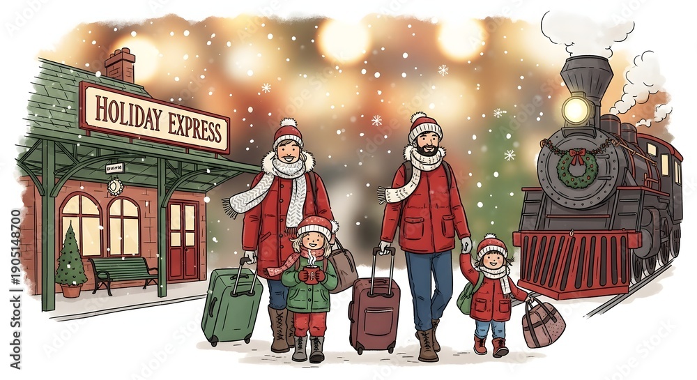 Obraz premium A family with luggage waits for the holiday express train at a snowy station