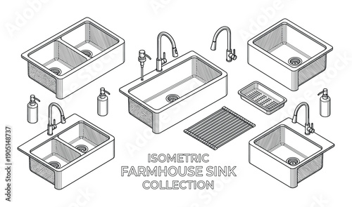Isometric farmhouse sink collection vector illustration. Kitchen sink types with faucet and accessories.